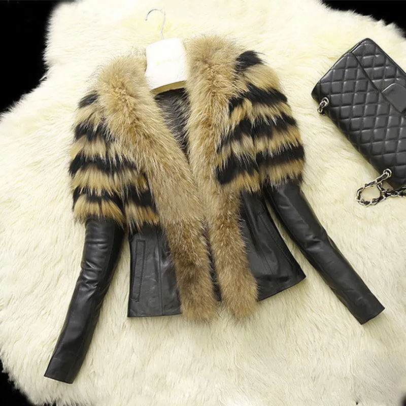 2019 Nova Chegada Mulheres Faux Fur Pu Casacos De Couro Pu Womens Outono Outono Casacos De Pele De Inverno Longo Raccoon Collar Casacos S-XL