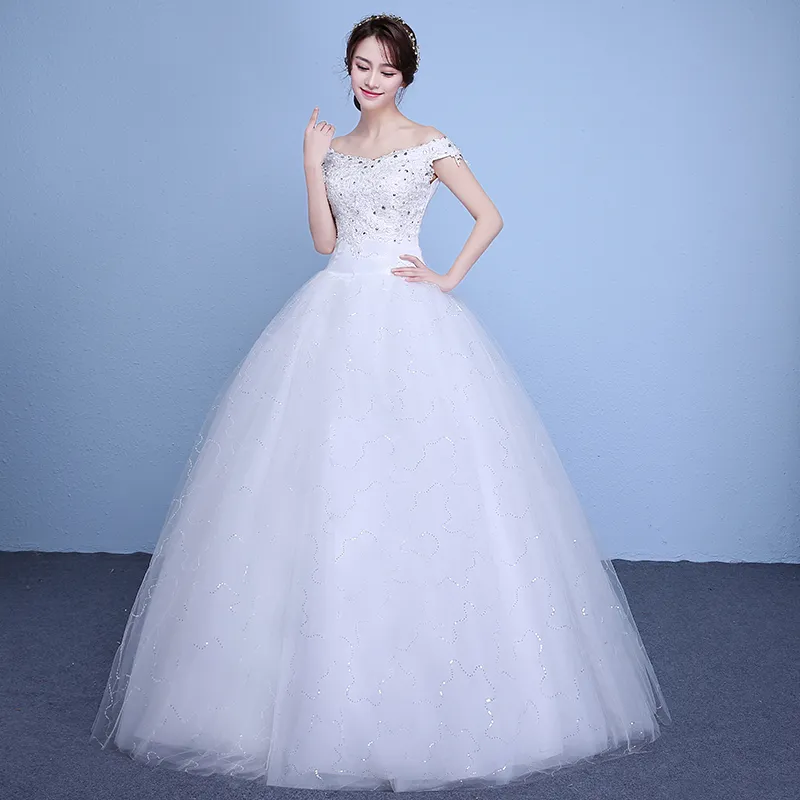 i foto reale semplice abito da sposa moda 2018 nuovo arrivo stile coreano scollo a barchetta pizzo principessa vestido de noiva appliques