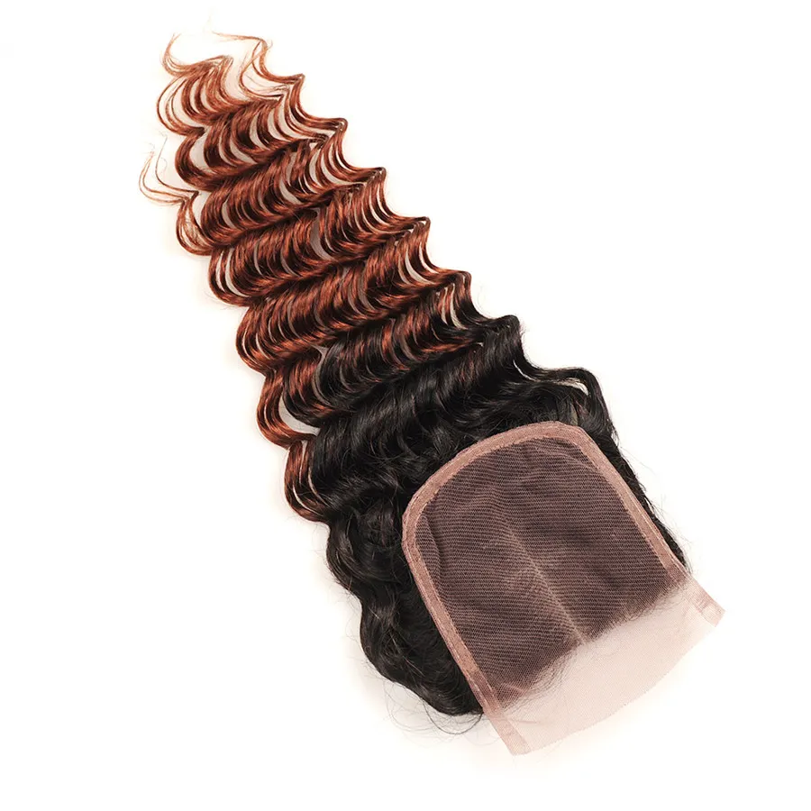 Brésilien # 33 Tisse 100% Extensions de Cheveux Humains Vague Profonde Auburn Foncé Ombre Cheveux 3 Bundles 8A Cheveux Brun Foncé Avec Fermeture En Dentelle