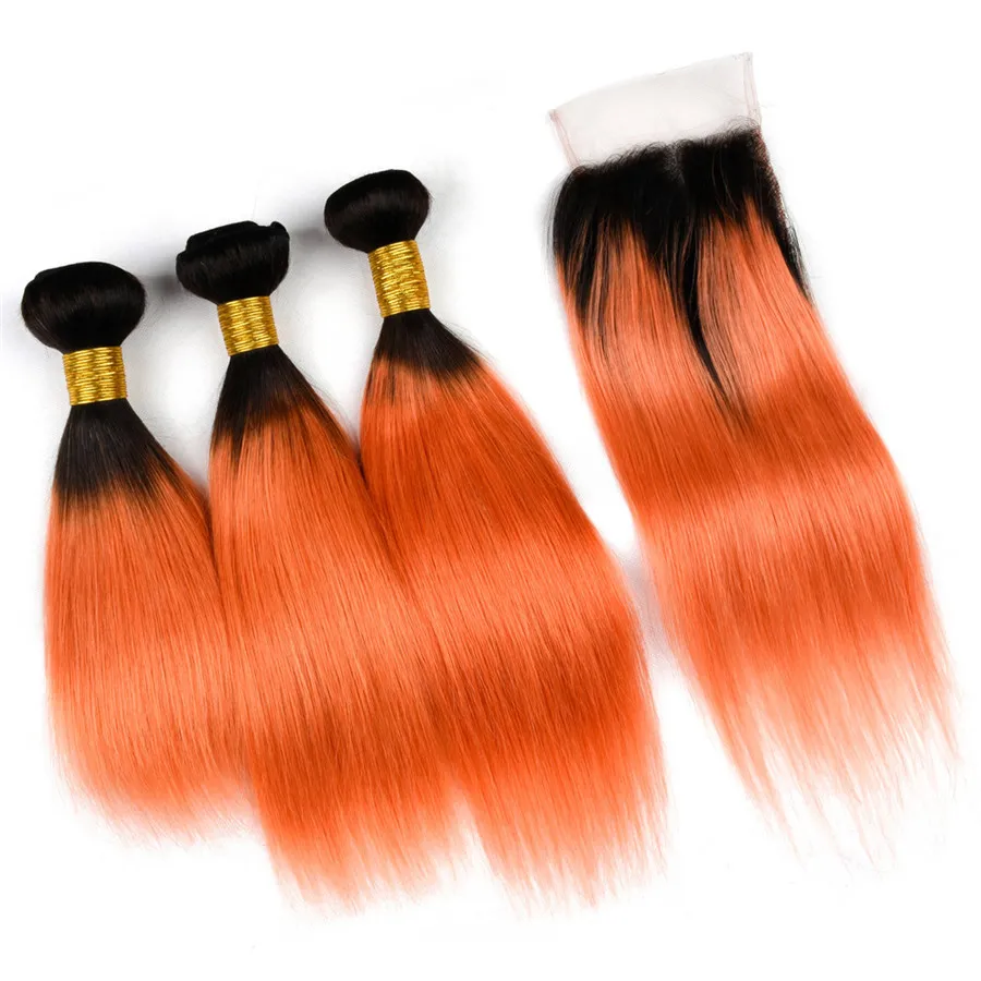 Ombre 1B 350 Orange Färg Spets Avslutning Med Buntar Silk Rak Mänskligt Hårväv Med Spets Avslutning 4st / Lot Virgin Russian Hair