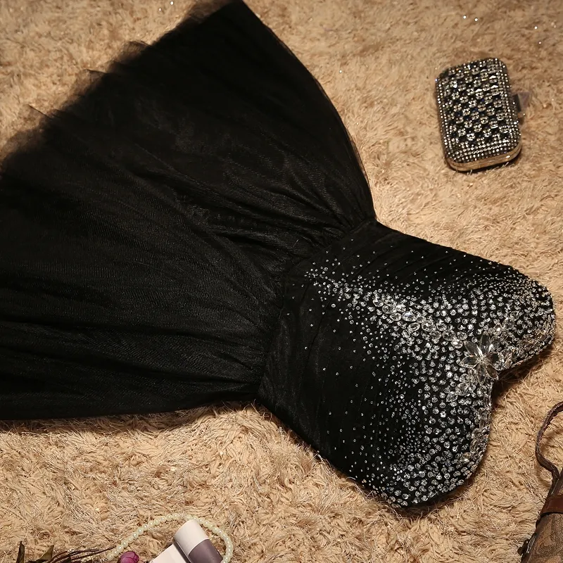 Robe de bal noire scintillante, robe de soirée courte et Sexy, rose, plis en Tulle, perles scintillantes avec paillettes et cristal