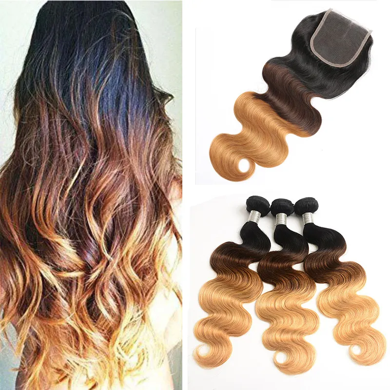 T 1B/4/27 Dark Root Honey Blonde Body Wave Ombre Human Hair Weave 3 Bundles with Lace Closure Brazilian Virgin Hair Extensions