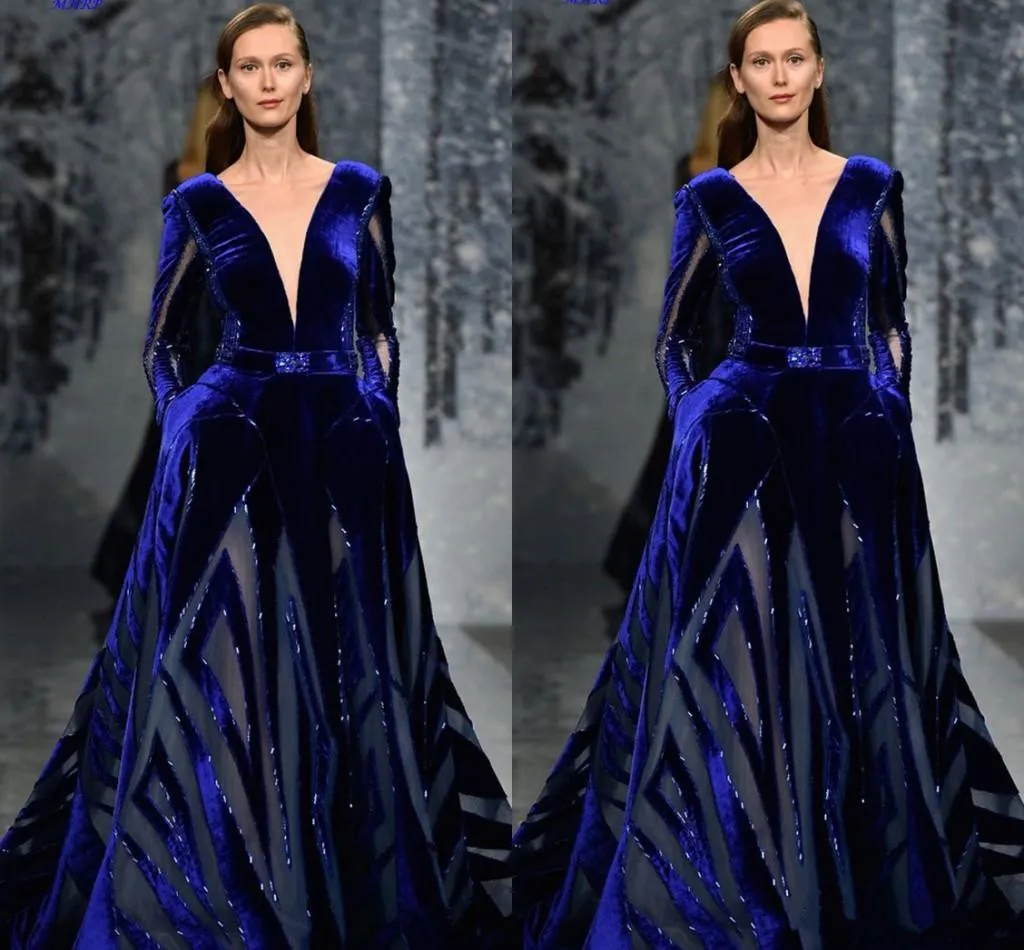 Ziad Nakad Manga Longa Vestido de Baile Modest Sexy Profundo Decote Em V Oriente Médio Dubai Árabe Azul Royal Veet Plus Size Vestidos de Noite Eet Eet