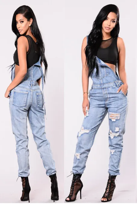 High Street Womens Washed Denim Jumpsuit With Long Jeans Trousers For ...