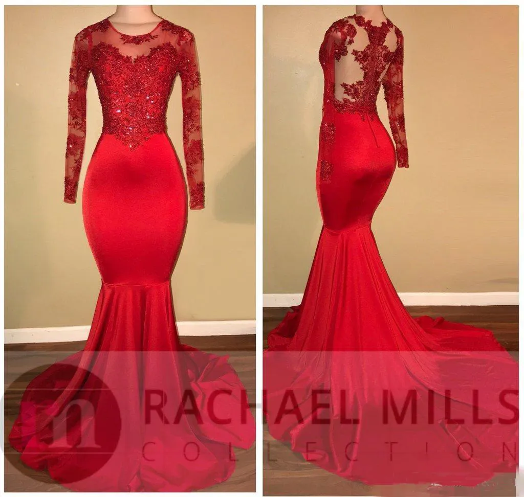 2018 Vintage Sheer Długie Rękawy Red Prom Dresses Mermaid Appliqued Cekinowe Afrykańskie Czarne Dziewczyny Suknie Wieczorowe Red Dywan Sukienka