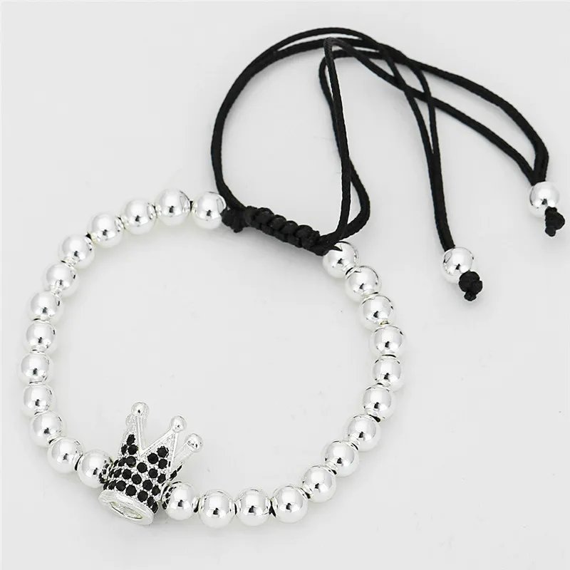 Nouveau populaire argent plaqué noir perle lien strass couronne bracelet à breloques femmes amoureux Bracelets pour cadeau