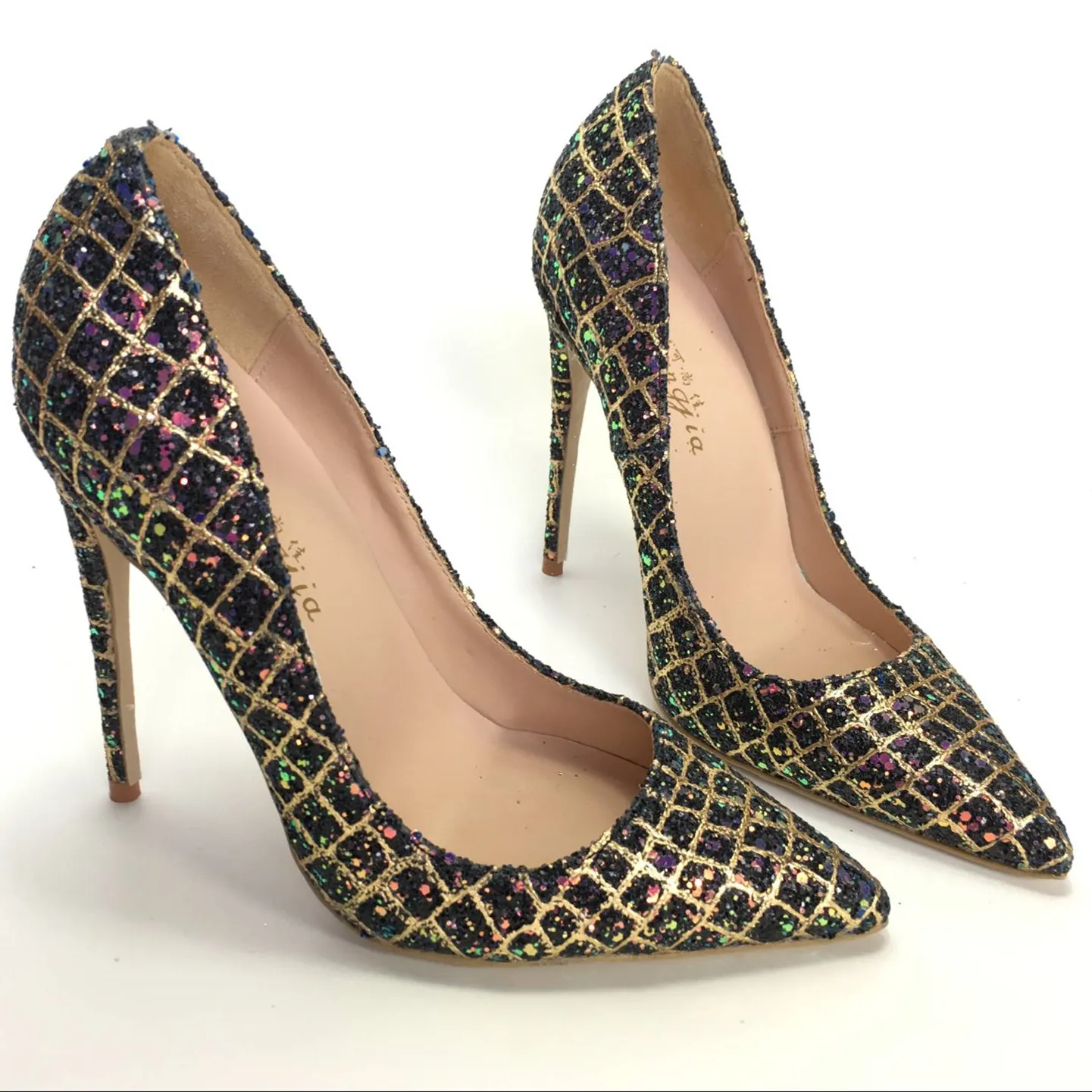 2018 Brand Black Gold Sequins With Fine Pointed High Heeled Shoes
