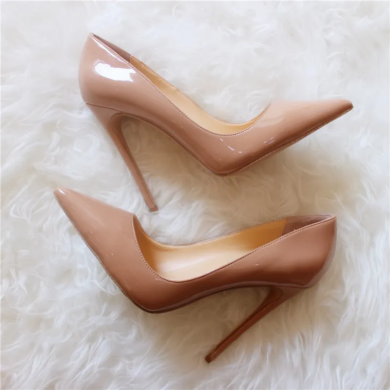 Free shipping Fashion women lady Nude patent leather point toe shoes high heels thin heeled shoes pumps genuine leather 10cm Big size