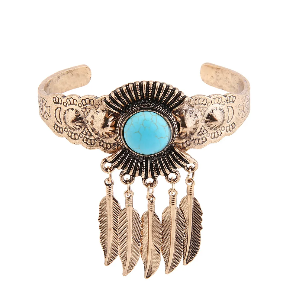 2018Nouveau Rétro Turquoise Ouverture Dames Bracelet Feuille Plume Bracelet De Mode Mme Bijoux En Gros