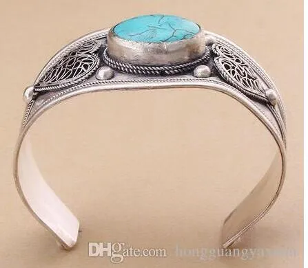 Unisex Gift Vintage Turquoise Bead Manchet Armband Bangle Tibet Silver Heart