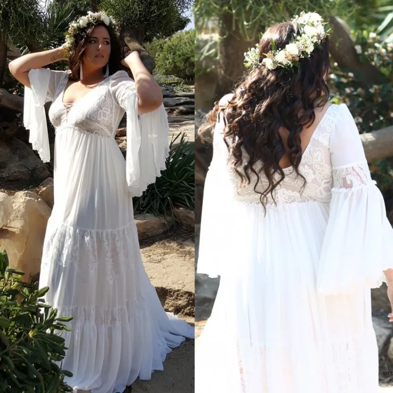 Charming Lace 플러스 사이즈 Beach Wedding Dresses V 넥 롱 슬리브 보헤미안 브라 가운 A 라인 바닥 시폰 Boho Robe De Mariée