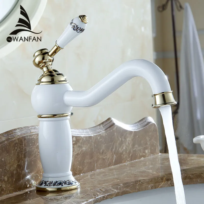Europe Style Luxury Pastoral Basin Mixer Taps Ceramics Grilled White Paint Copper Gold-plated Faucets Bathroom Vanities 7601DK