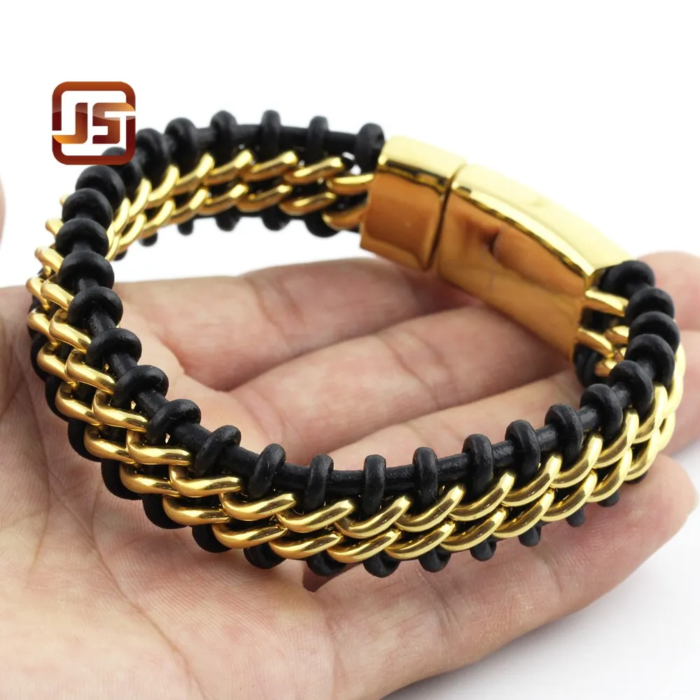 Bracelets de bijoux en acier inoxydable pour hommes Bracelets en acier titane pour hommes Bracelet en cuir véritable tressé couleur or et acier 7864546