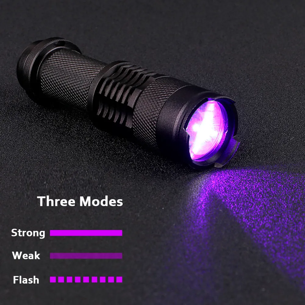 Lampe de poche LED rouge/vert/blanc/UV violet lumière violette 395nm lampe torche 3 Modes Zoomable chasse tactique camping Linternas