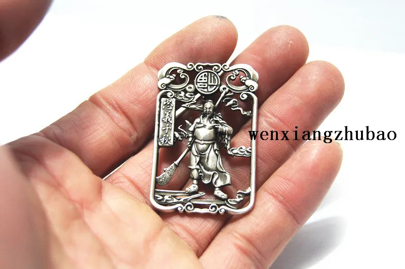 Loyauté et justice recto-verso en bronze blanc antique - ancien stratège militaire chinois guan yu pendentif. Talisman - pendentif collier.