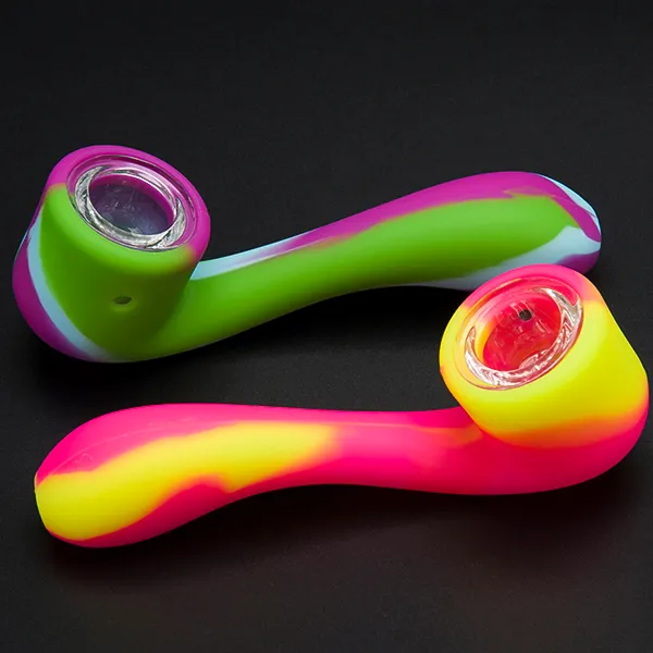 Gros Silicone Tabac Fumer Cigarette Pipe Eau Narguilé Bong Portable Shisha Main Cuillère Pipes Outils Avec Bol En Verre à mr_dabs