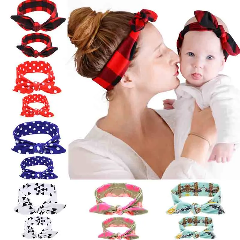 Cute Knot head bands Spot grid Mom Baby Rabbit Ears Headband Bow Headwear Fashion Kids Birthday Hair Accessories Gift