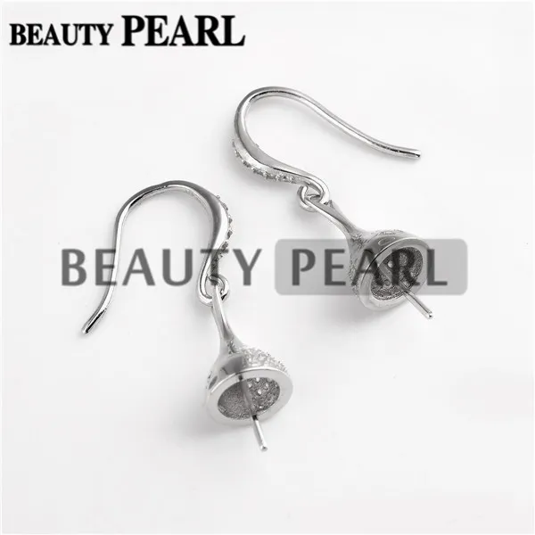 Earrings Setting for Round Pearls and Cabochon 925 Sterling Silver Zircons Hook Earring Findings 