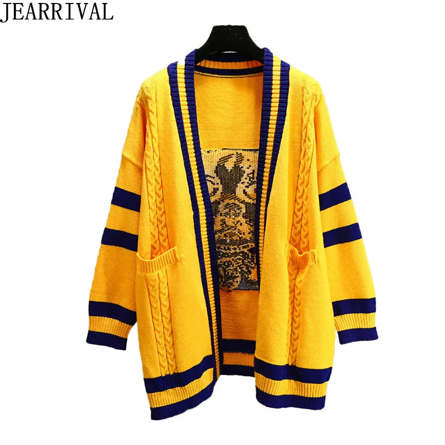 Cardigan invernale 2018 Donna Maglione giallo oversize Marca Fashion Dog Stampa con scollo a V Maglioni lunghi lavorati a maglia casual Maglieria calda