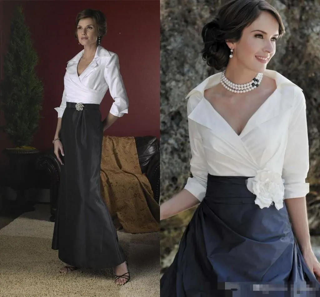 Czarno-biała Matka panny młodej Groom V-Neck Custom Made Plus Rozmiar Formalna Suknia Suknia Długie Rękawy Długość podłogi A-Line Tanie
