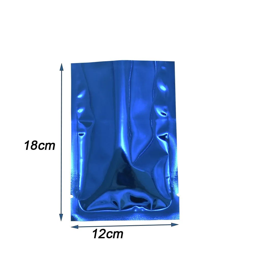 100 stycken 12x18cm blå toppöppning Mylar foliepåse Glänsande yta Aluminiumfolie Poub Bulkmat Kosmetisk Paketväska Värmeförsegling