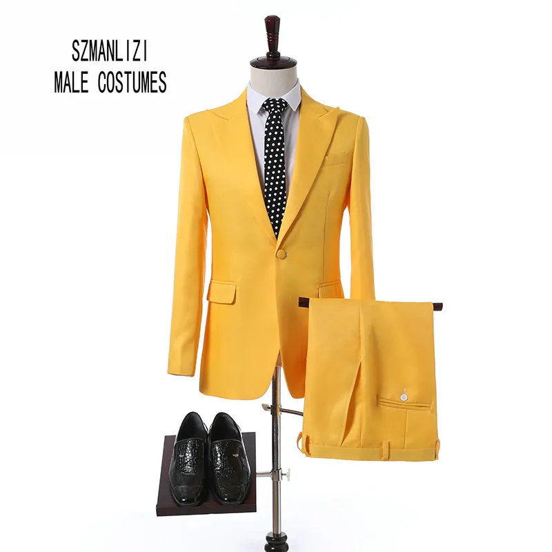 Élégant Marque Hommes Costumes 2018 Custom Made Dernier Manteau Pantalon Conception De Mode Jaune Costume Pour Mariage Marié Meilleur Homme Garçons D'honneur Costume De Bal Smoking