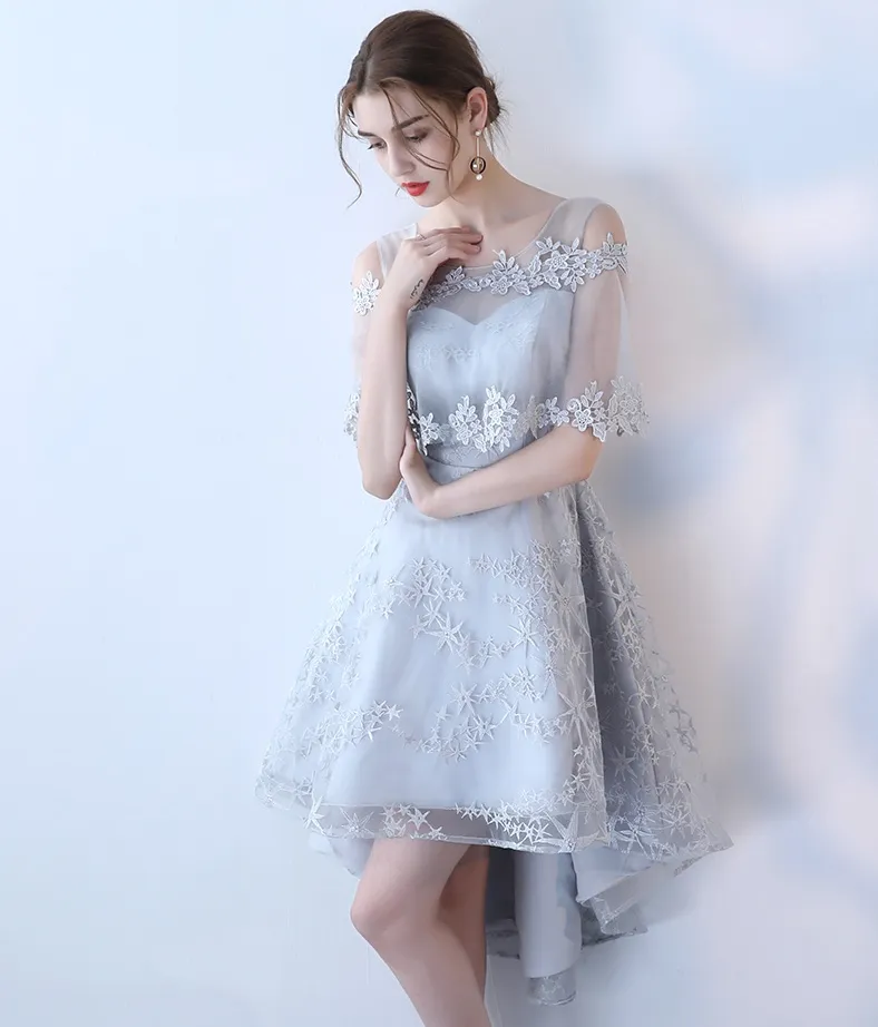 우아한 실버 하이 로우 졸업식 드레스 2020 숄 댄스 파티 드레스 섹시 파티 가운 홈 커밍 드레스 cust268t
