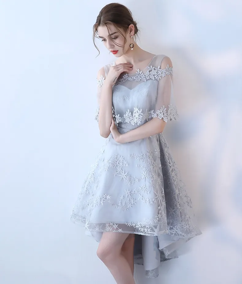 Elegant Silver High Low Graduation Dresses 2020 Cheap Applique Lace With Shawl Prom Dresses Sexy Party Gowns Homecoming Dress Cust3251321