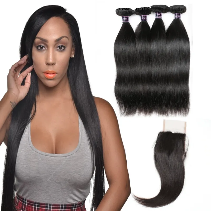 Ishow Braziliaanse haar Weefsels 10A Menselijk Haarbundels met Sluiting Rechte Peruaanse Hair Extensions 4bundles WEFTS voor Dames Meisjes Alle leeftijden Natuurlijke Kleur 8-28 Inch