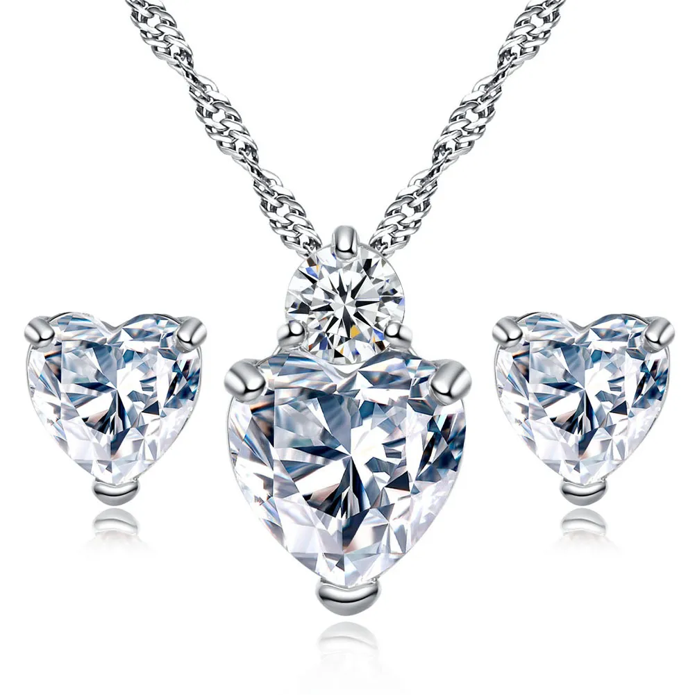 High quality CZ Heart necklace stud Earrings sets crystal Rhinestone Love pendant Charm Sterling silver Chain For women Fashion Jewerly