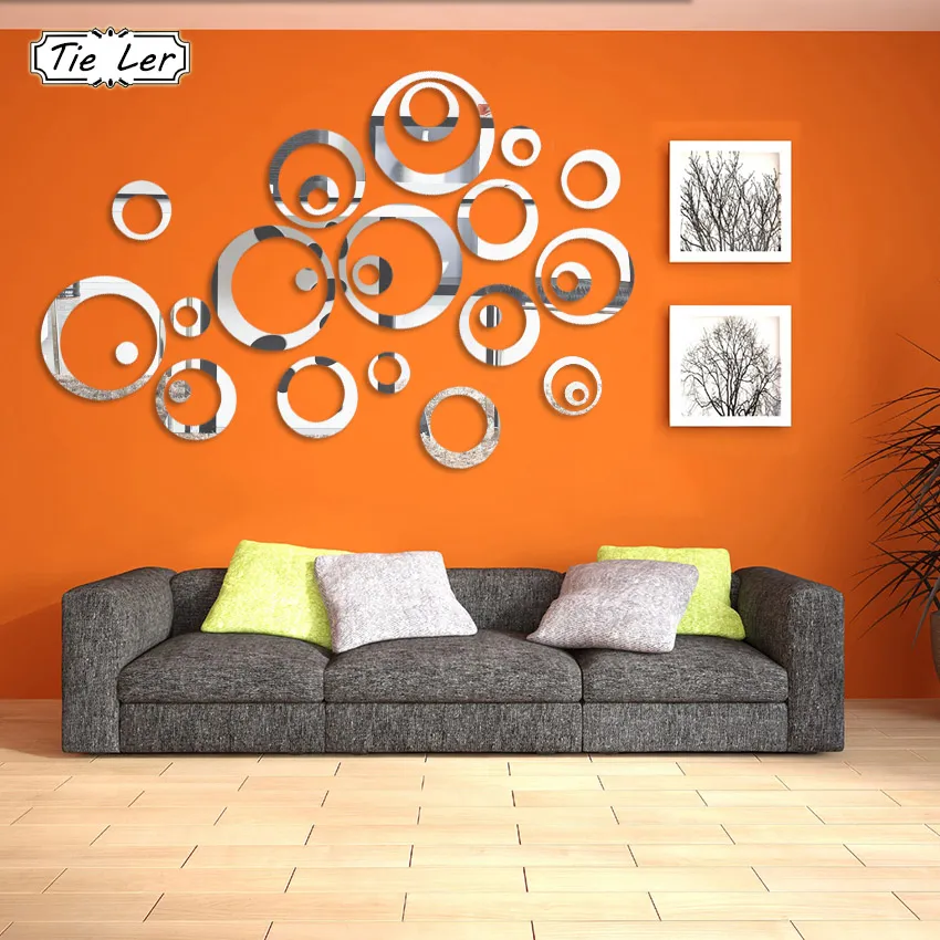24 stks / 4 sets 3D-spiegel acryl muurstickers creatieve cirkel ring slaapkamer decors voor familie decoratie zelfklevende huissticker