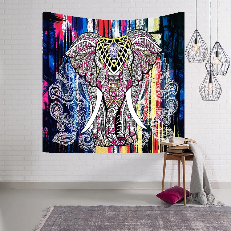 Indian Elephant Tapestry Aubusson Colored Printed Decor Mandala Religious Boho Wall Carpet Bohemia Beach Blanket 150x130cm
