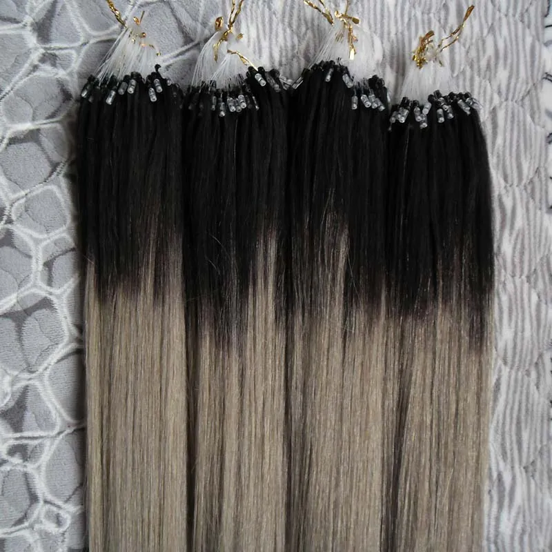 Chengfa Ombre Echthaar 400 g 1 g/s 400s Remy Micro Bead Haarverlängerungen T1b/Grau Micro Loop Echthaarverlängerungen