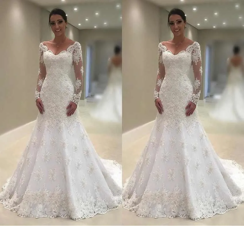 Real Pictures Mermaid Wedding Dresses V Neck Long Sleeves Lace ...