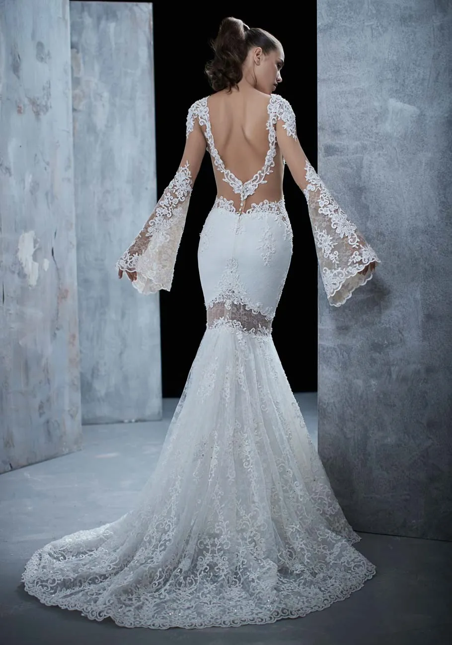 Sexy Koronki Suknie Ślubne Syrenki Juliet Długie Rękawy Backless Sweep Lace Suknie ślubne Oszałamiająca Vestido De Novia