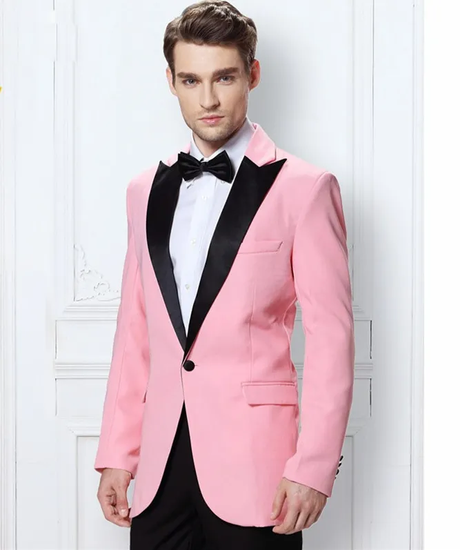 Custom Made Peaked Revers One Button Pink Groom Tuxedos Men Party Groomsmen Suits in Wedding Tuxedos Veste + Pantalon + Arcs NO; 312