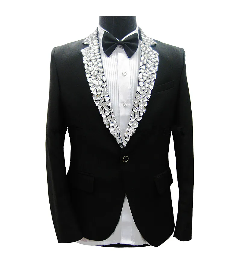 Sparkly Rhinestones Black Jacket Blazers Pants Men's Suits Male Singer Stage Performance Costume Party Host Groom Wedding Dress