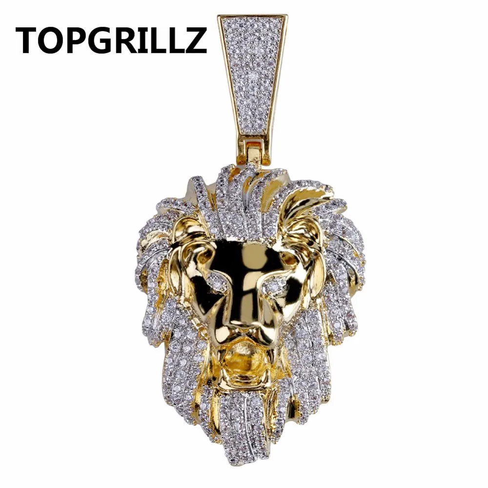 TOPGRILLZ Hip Hop Gold Color Plated Iced Out Micro Pave Cubic Zircon Lion Head Pendant Necklace Charm For Men Jewelry Gifts