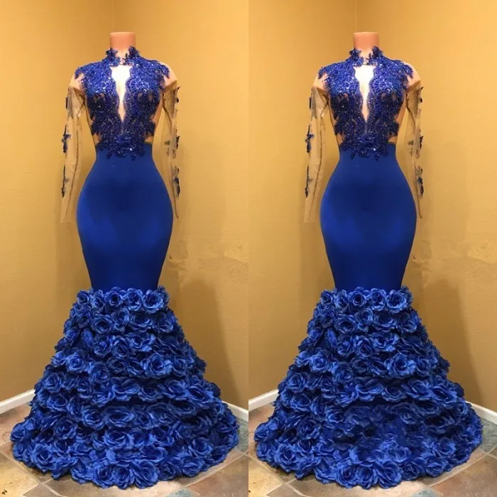 Robes de soirée bleu royal à manches longues col en V profond robes de bal sirène 2018 appliques de dentelle femmes africaines vêtements de cérémonie robes de soirée robes