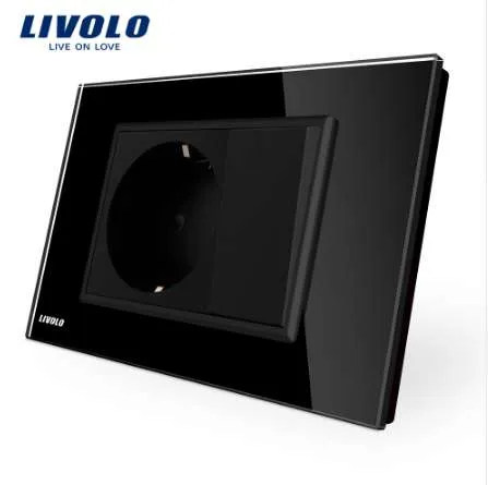 Livolo 16A Wall Power Socket with one push button switch, White/Black Crystal Glass Panel, AC 110~250V , VL-C9C1EU1K-11/12