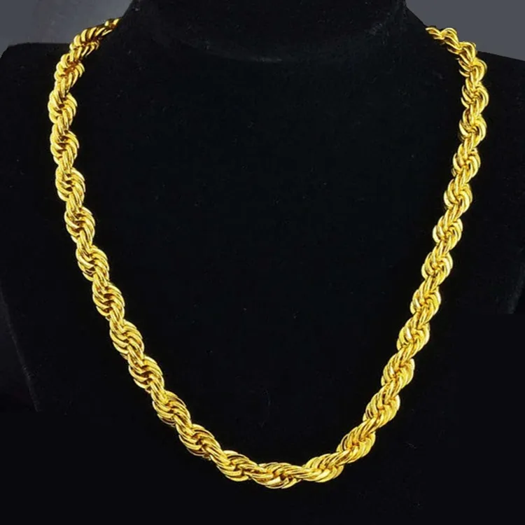 Hip Hop 24 Inches Mens Solid Rope Chain Necklace 18k Yellow Gold Filled Statement Knot Jewelry Gift 7mm Wide