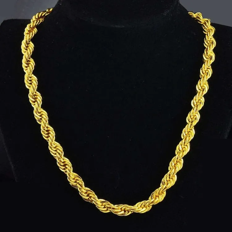 Hip Hop 24 Zoll Herren-Halskette aus massivem Seil, 18 Karat Gelbgold gefüllt, Statement-Knoten-Schmuck, Geschenk, 7 mm breit