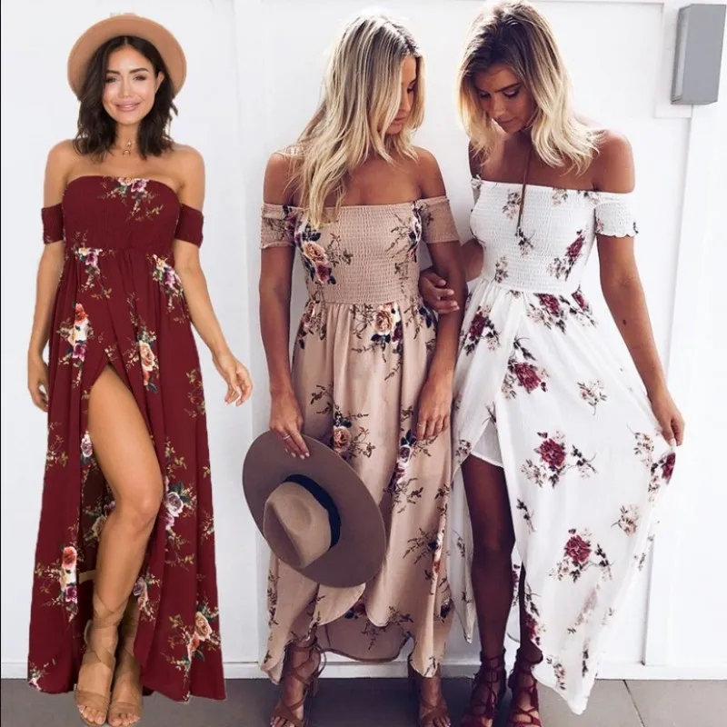 hot sale Women Floral Print Strapless Boho Dress Evening Gown Party Long Maxi Dress Summer Sundress Casual Dresses plus size XS-5XL