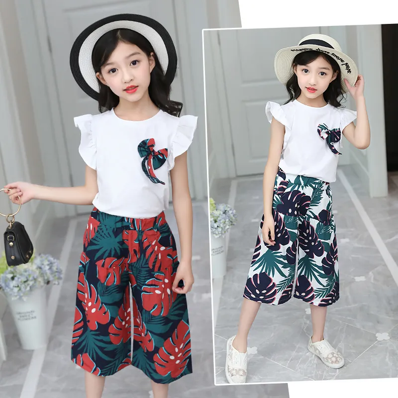 FYH Yaz Çocuk Giyim Kız Coon T-shirt + Çiçek Pantolon 2 Adet Bebek Kız Rahat Set Çocuk Giyim Suit Set Kısa Kollu