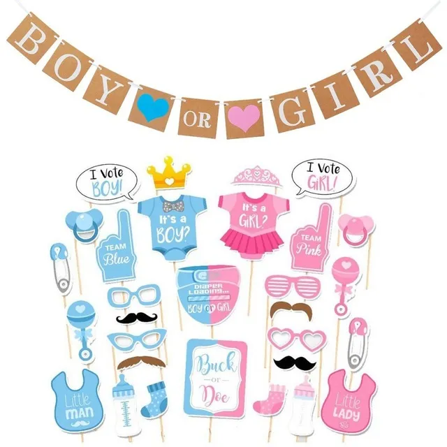 Baby Shower Party Decorations Pojke eller Tjej Kön Reveal Party Supplies med Photo Booth Props