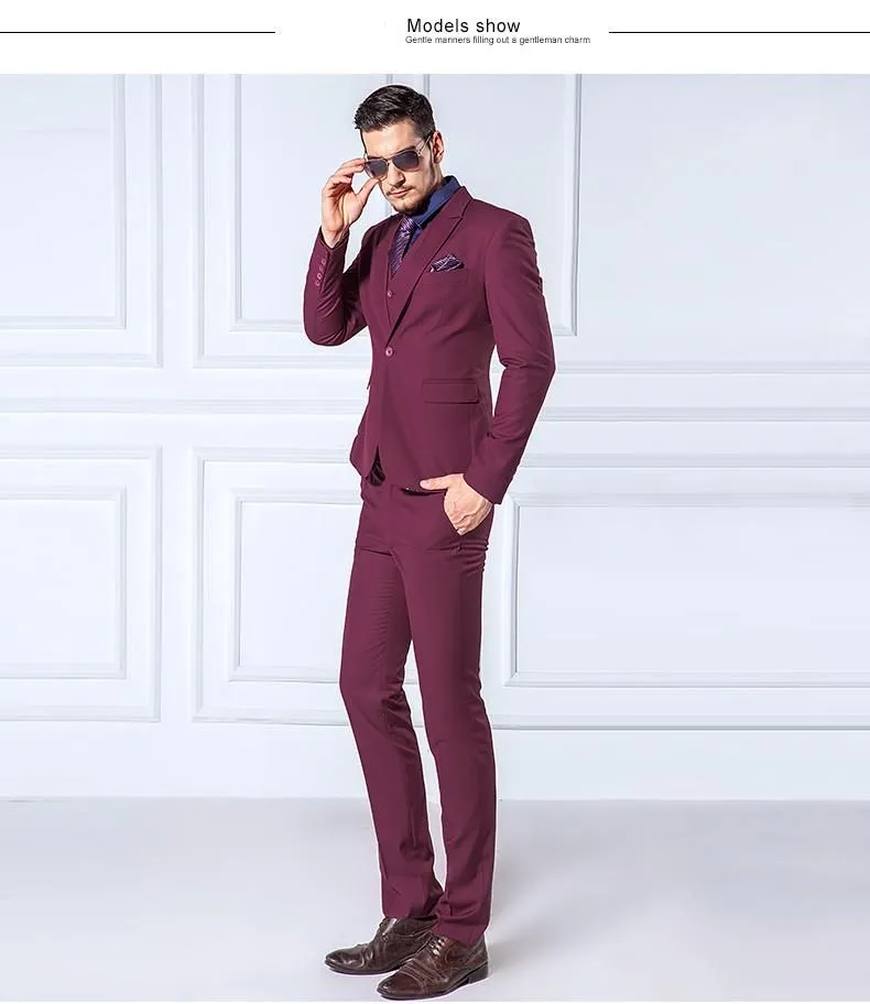 Slim Fit Burgundia Groom Tuxedos One Button Center Vent Men Wedding Blazer Mężczyźni Formalne Prom Dinner Business Garnitury kurtka + spodnie + krawat + kamizelka 1021
