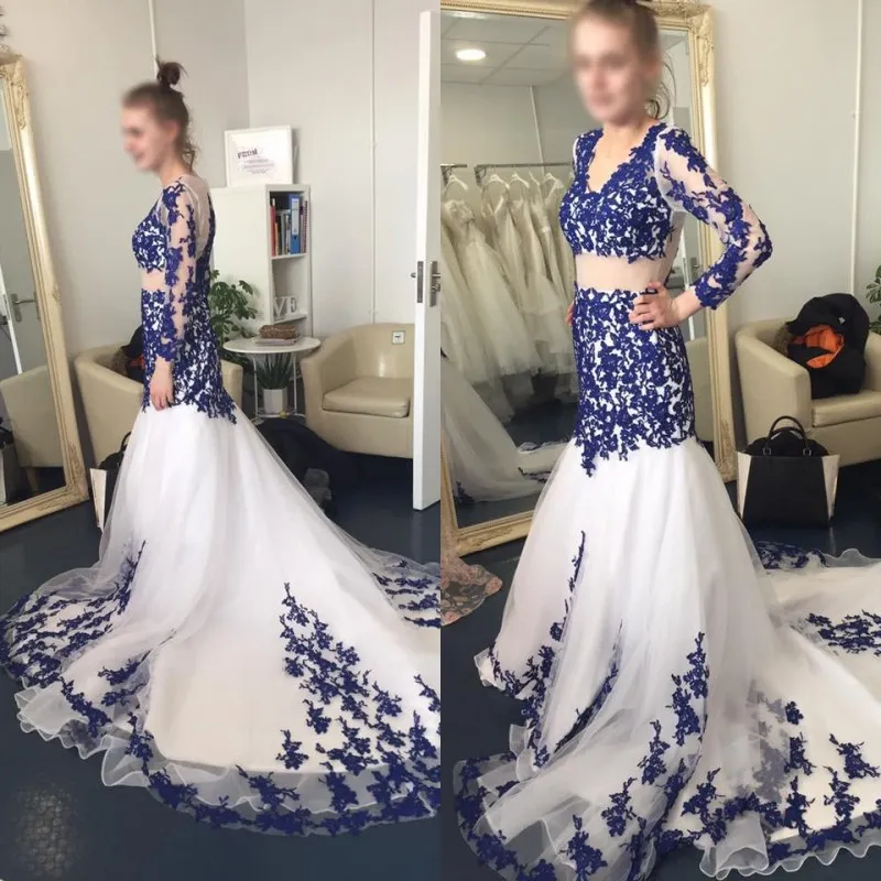Unique coloré bleu royal dentelle appliques robe de mariée sirène col en V Illusion manches Sheer Top robes de mariée avec tribunal train