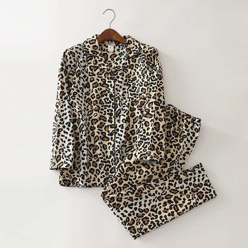 Leopard Print Pajamas Kobiety Nowy szczotkowane bawełniane 2 sztuki 2 sztuki Zestaw Elastyczny salon z długim rękawem.