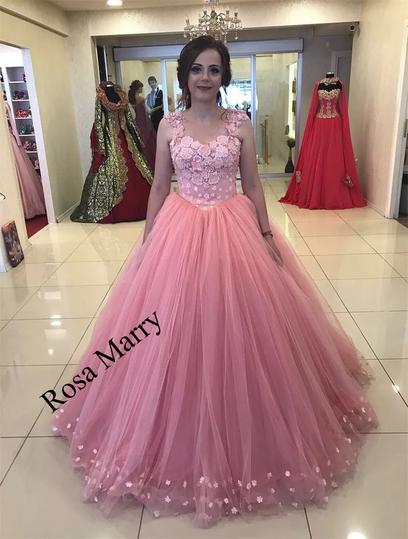 Blush Pink Ball Gown Prom Dress With 3D Floral Lace Beads