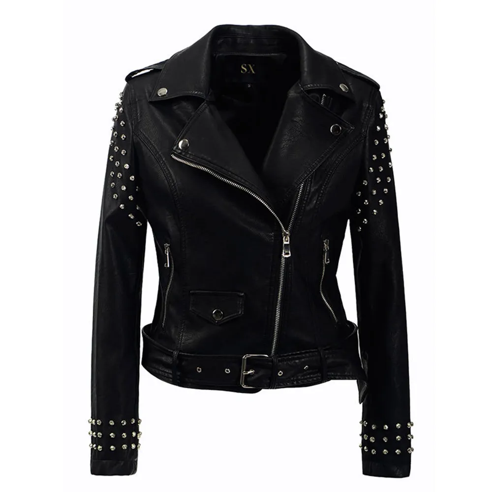 New 2018 Autumn fashion women rivet motorcycle PU faux leather plus size Jacket studded outerwear streetwear Gothic jackets